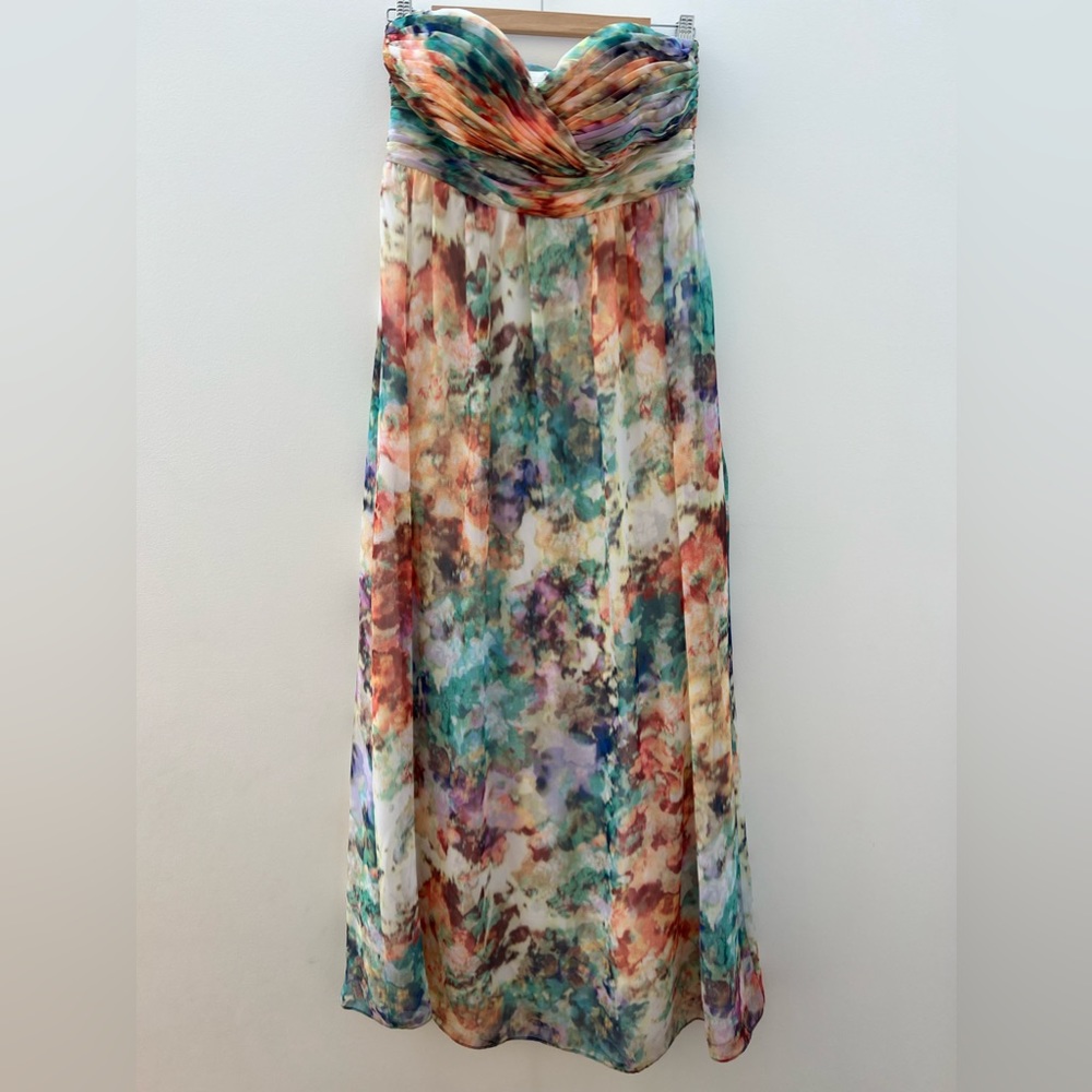 Aidan Maddox Strapless Sweetheart Pleated Watercolor Chiffon Dress Gown Formal 8 - Picture 5 of 16